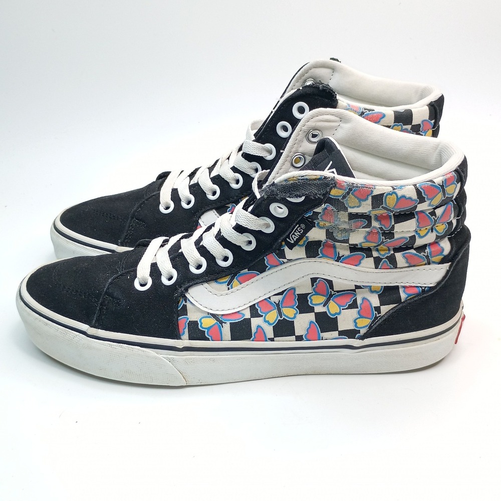 Vans Sk8-Hi Sneakers Women Size 8.5 Black Butterfly Checkerboard Canvas - Picture 3 of 11